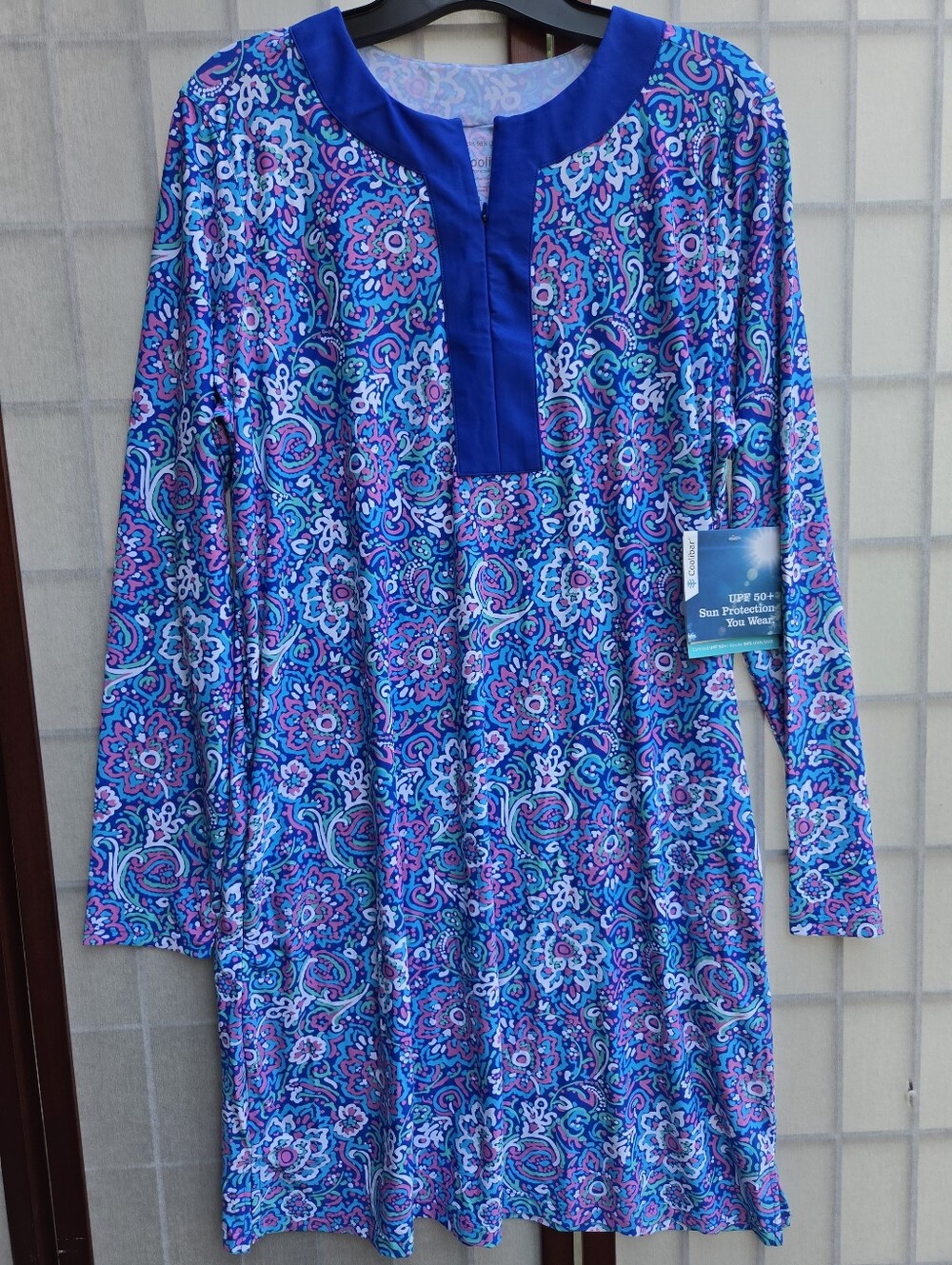 ​NWT Coolibar UPF 50+ Shoreside Swim Cover Up Dress L Blue Floral Beachy Preppy